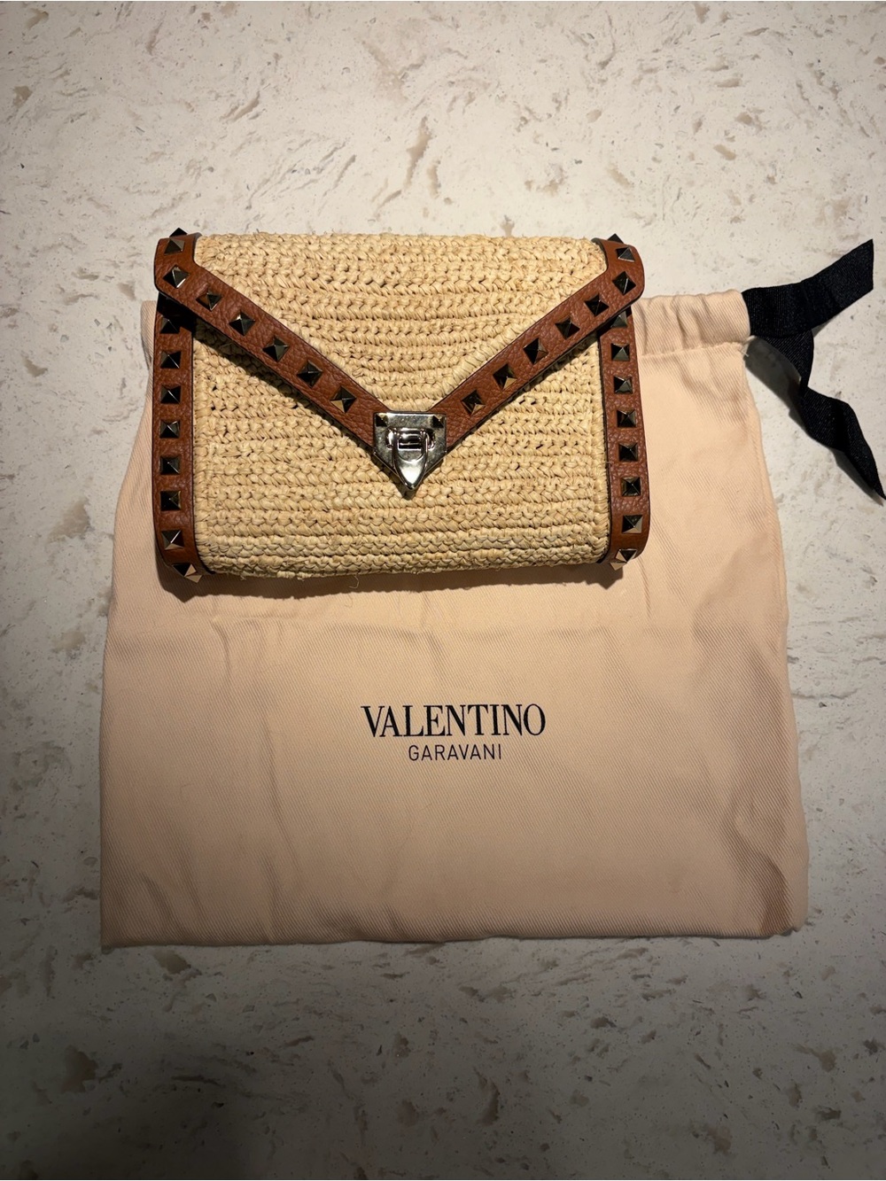 Valentino Garavani Beige Straw and Brown Rockstud Envelope Clutch